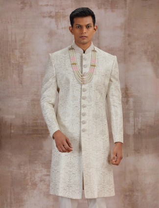 White lucknowi georgette grooms wedding sherwani