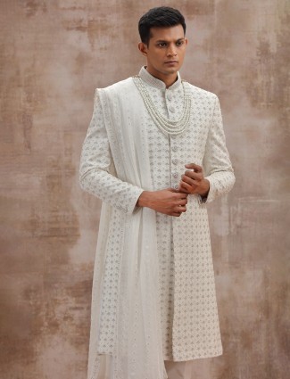 White lucknowi georgette wedding sherwani and dupatta set
