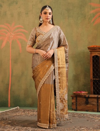 Beige brown tissue silk saree with unstitched blouse