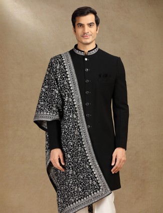Black wedding wear terry rayon indo western with dupatta