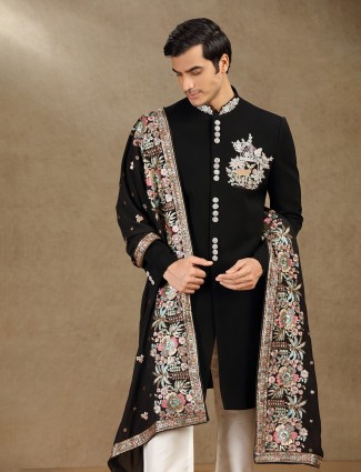 Black terry rayon indo western with dupatta with motifs