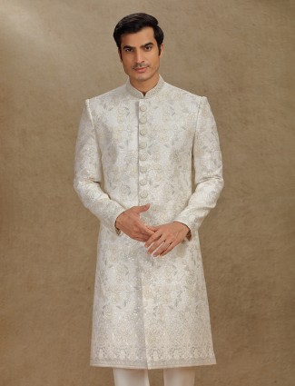 Cream silk sherwani with thread work