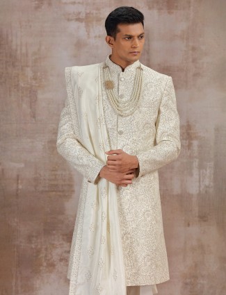 Elegant cream silk groom sherwani with dupatta