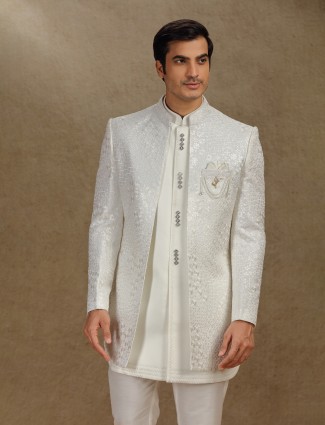Cream terry rayon indo western for wedding wear