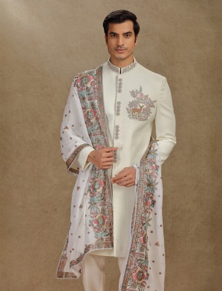 Cream terry rayon men indo western with dupatta