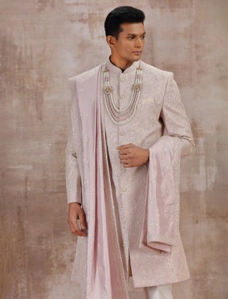 Light pink silk wedding sherwani with dupatta