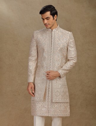 Cream Silk sherwani with diamond highlights