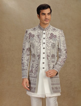 Off white terry rayon indo western for men