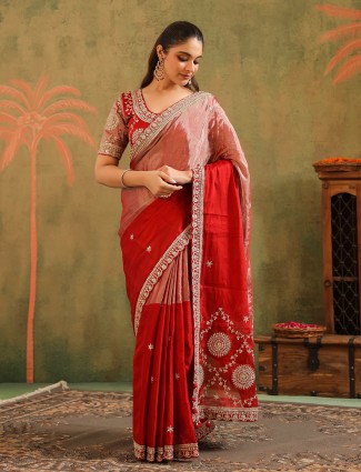 Pink red tissue silk saree with zardosi work