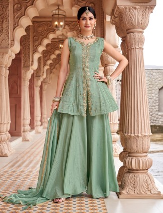Pista green silk palazzo Suit with dupatta