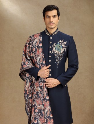 Rama blue western in terry rayon indo with printed dupatta