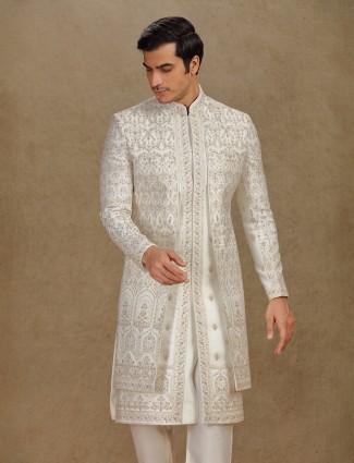 Cream silk sherwani with embroidery weaving
