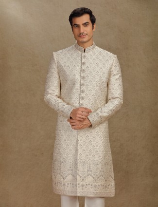 Cream silk sherwani for wedding wear