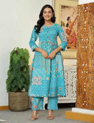 Aqua silk printed kurti set for festive