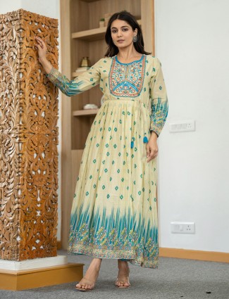 Beige and blue cotton silk printed kurti with embroidery
