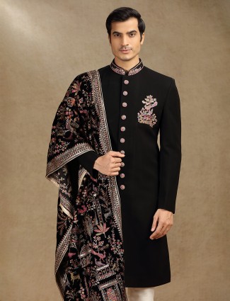 Black terry rayon wedding wear indo western with dupatta