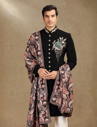 Black terry rayon indo western with printed dupatta for men