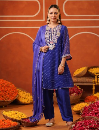 Blue georgette printed kurti set with dupatta