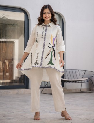 Cream cotton co ord set with embroidery and thread work