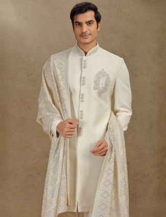 Cream terry rayon indo western with embroidered dupatta