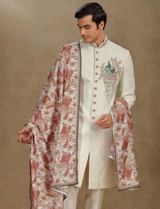 Cream terry rayon indo western with printed dupatta for men