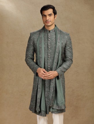 Green cotton silk wedding indo western with dupatta