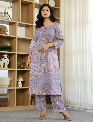 Lavender purple silk printed kurti set