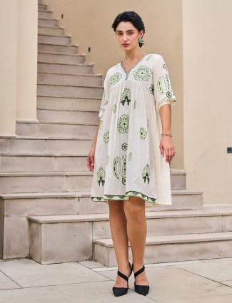 Off white cotton embroidered kurti with V neck