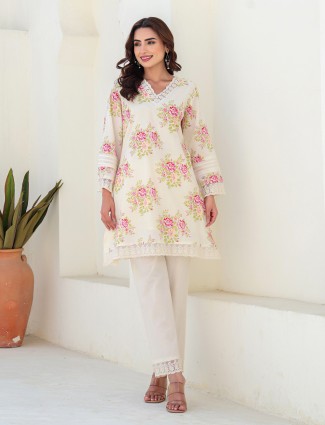 Off white cotton floral printed kurti set