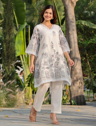 Off white cotton printed kurti set for women festive wear