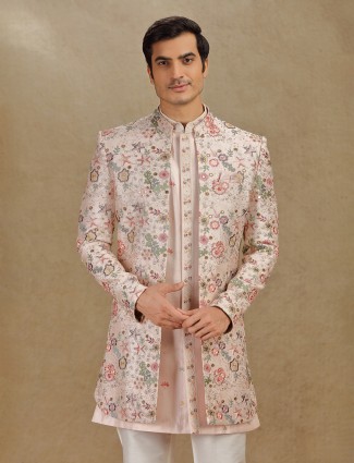 Peach raw silk indo western for men