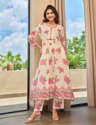 Pink and cream cotton silk printed kurti set