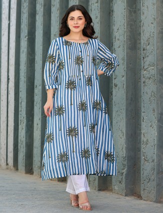 White and blue silk printed kurti set