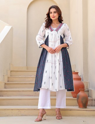 White and navy cotton printed kurti set