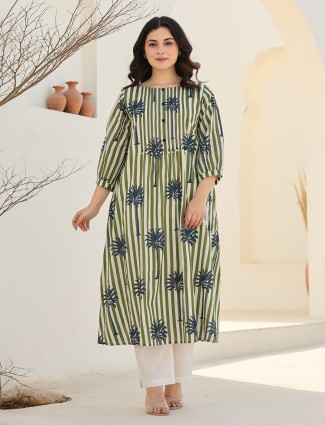 White and olive silk printed kurti set