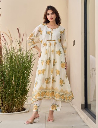 Yellow and cream cotton silk printed kurti set
