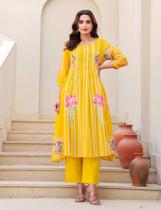 Yellow cotton printed kurti set for women festive wear