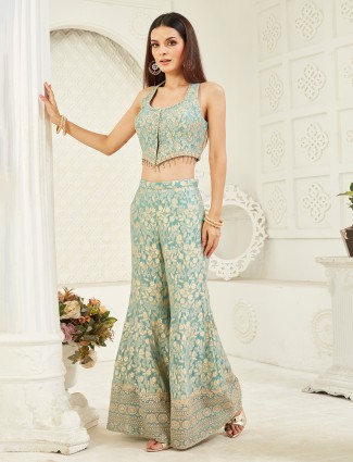 Light blue sleeveless designer silk palazzo suit for women