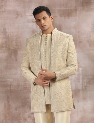Gold silk indo western set with embroidery work