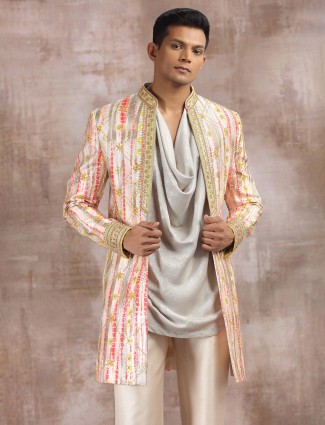 Multi color printed silk indo western with resham work