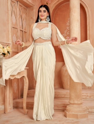 Cream party wear silk women indowestern suit