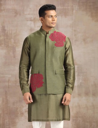 Mehendi green silk waistcoat set with thread work