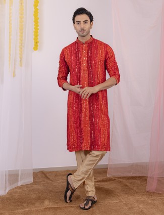 Red printed cotton silk kurta suit