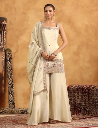 Cream silk palazzo set with beautifu dupatta