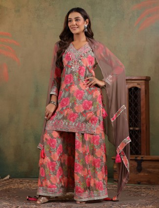 Pink silk palazzo set with cowrie accents