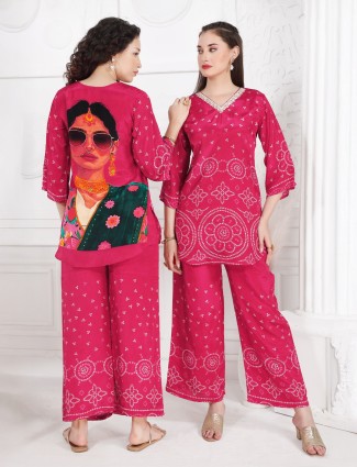 Pink silk printed co ord set for festive wear