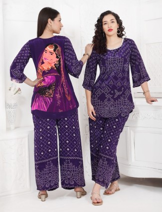 Purple printed silk co-ord set for casual wear