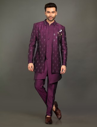 Wine cotton silk indowestern for men