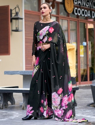 Reception style black georgette printed saree