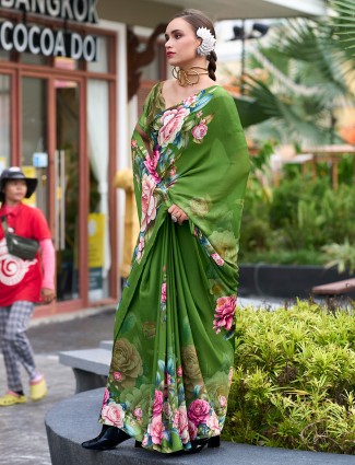 Green printed georgette saree for festivals